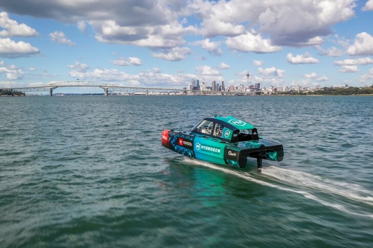 Emirates Team New Zealand's hydrogen-powered Chase Zero boat has a range of 180 km