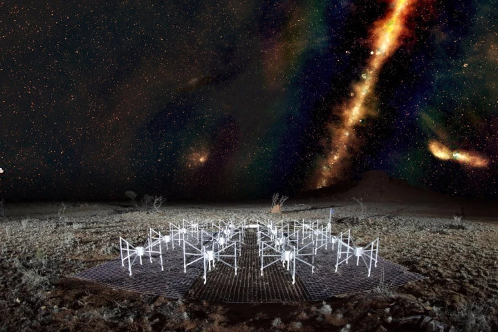 A "radio color" view of the sky above a "tile" of the Murchison Widefield Array radio telescope, located in outback Western Australia