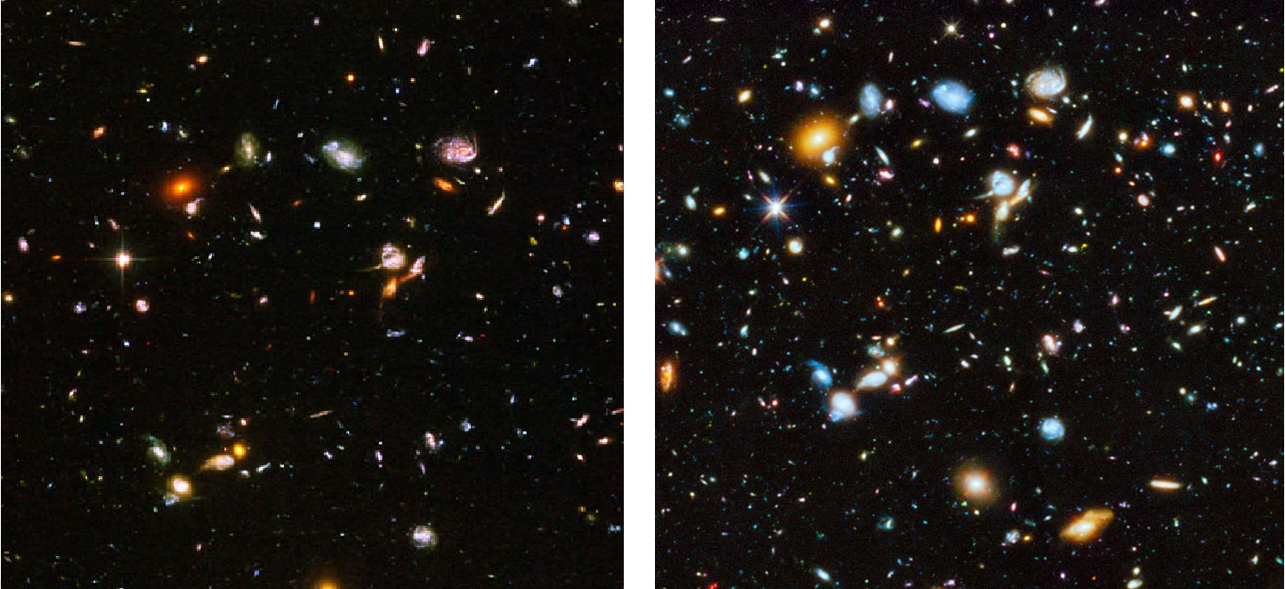 The Ultra Deep Field infrared and visible light image, on the left, and the newly released ultraviolet image, on the right (Image: NASA/ESA)