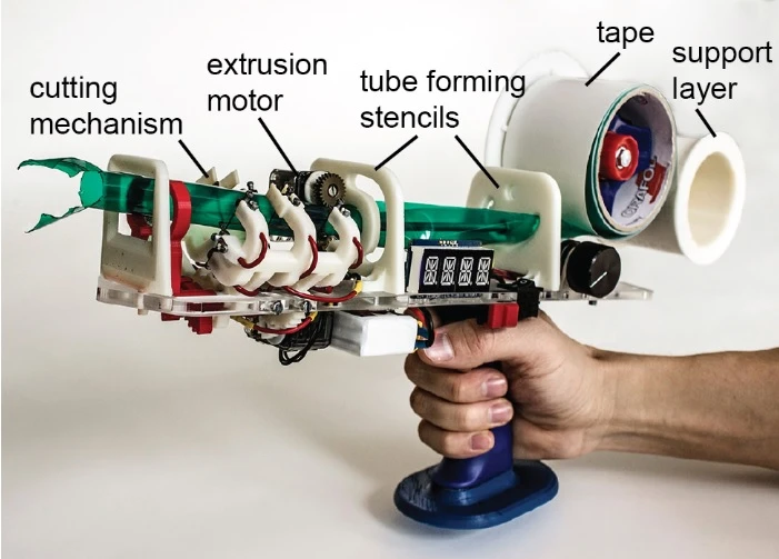 Using a radically-modified packing tape dispenser, a team of researchers have created a physical 3D sketching tool to create life-size wireframe models