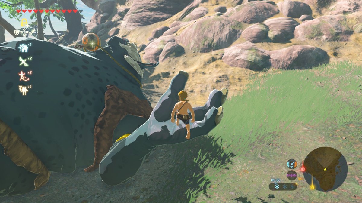 This trick will work for any Hinox you encounter in the wild - stand in their hand and you can nab their spoils.
