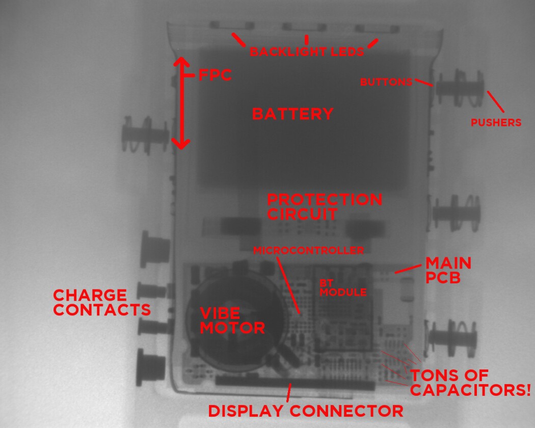 An X-ray shot of the inner workings of the Pebble Smartwatch