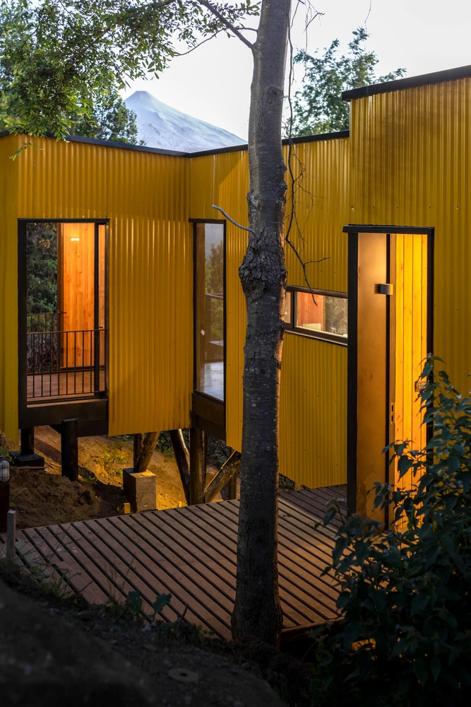The main entrance of the home is accessible via a wooden staircase, which meanders through the forest