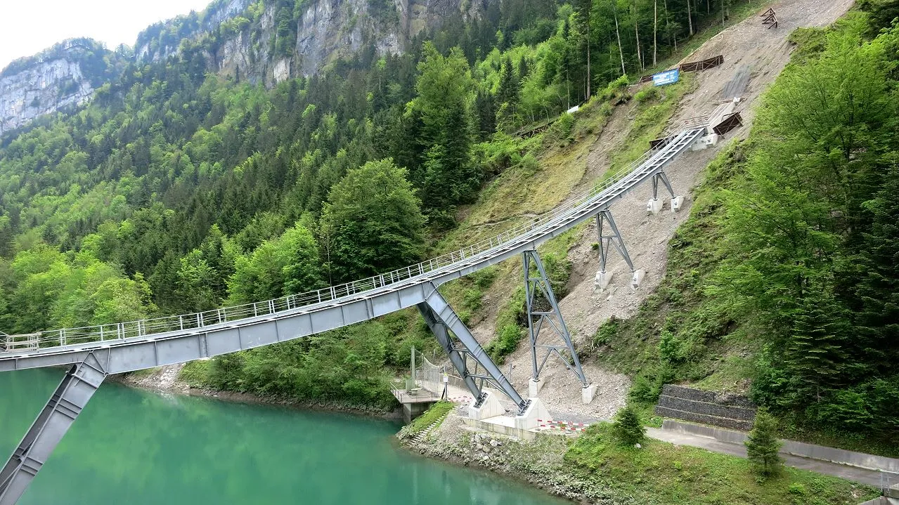 The Stoosbahn funicular railway connects the Swiss mountain village of Stoos to the valley below