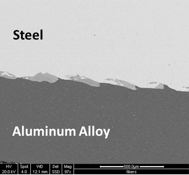 A microscopic view of a steel and aluminum alloy weld, made using the VFA process