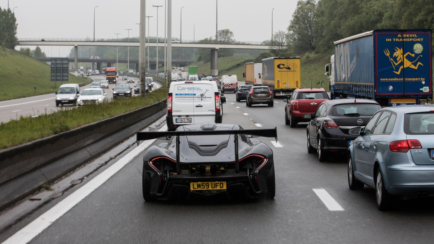 The McLaren P1 LM homeward bound on a choked autobahn after setting the fastest production car lap of the world's most demanding closed circuit