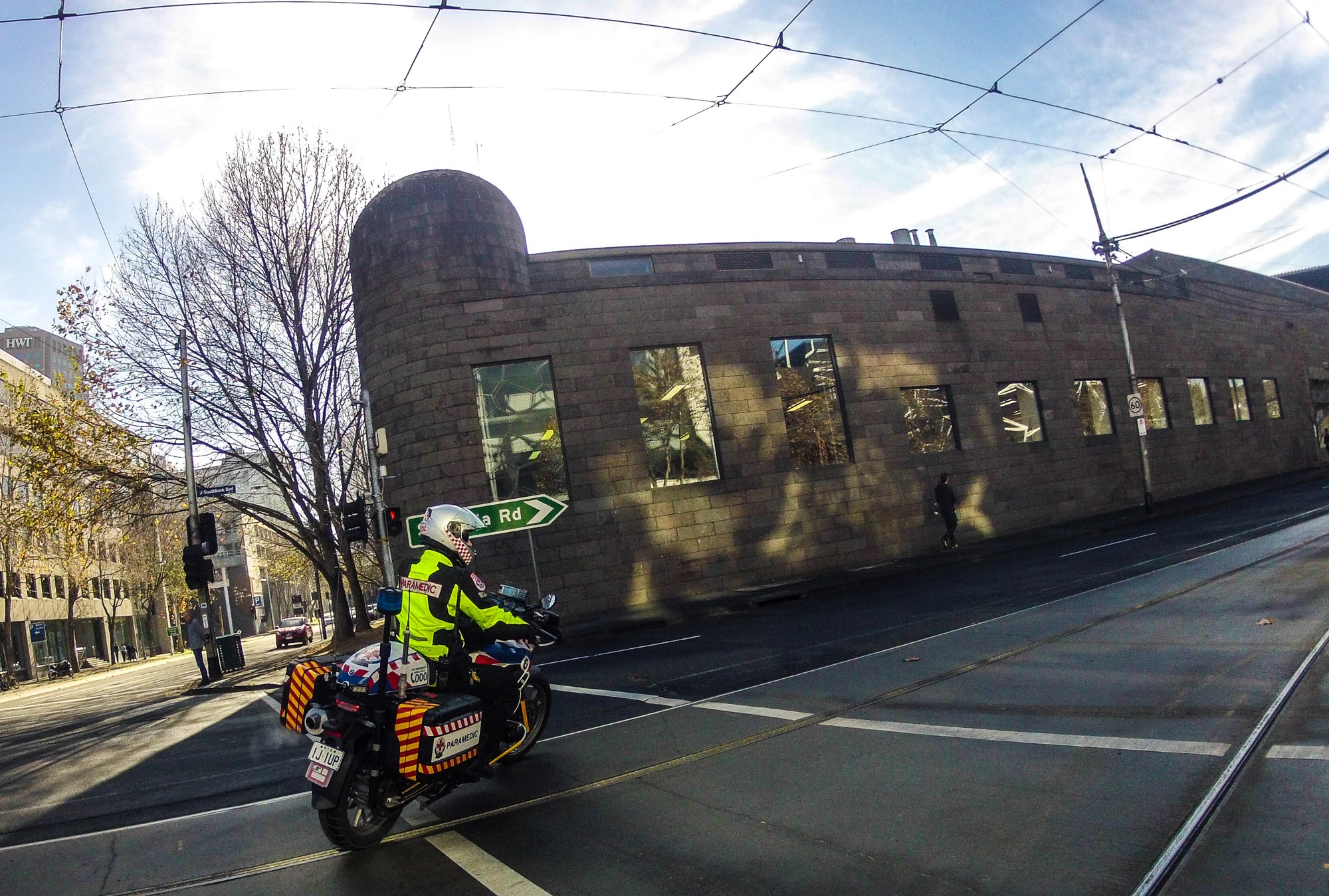 "The bike's got some great safety features like ABS and traction control, but they're really a redundancy in case anything goes pear-shaped. Tram tracks cause plenty of cyclists and motorcyclists to come a cropper, so we have to make sure we're aware of them and cross them on an angle, all that sort of thing. It's a pretty unique part of doing this job in this city!"