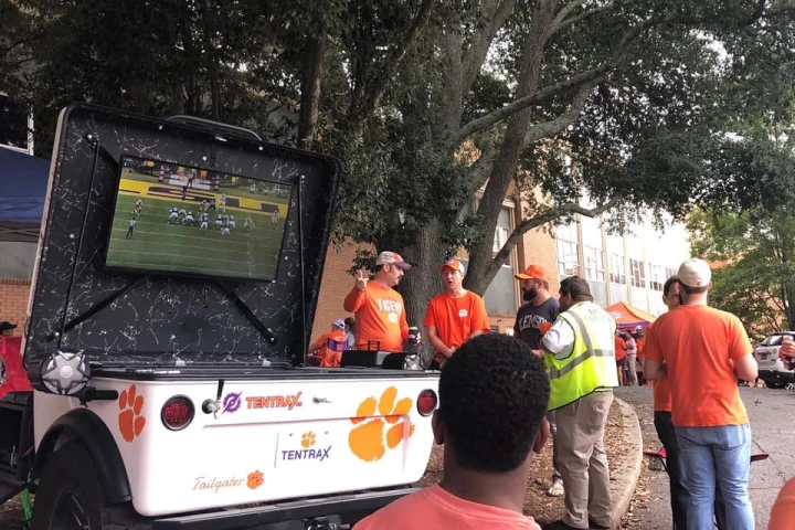 The Tailgater's TV mount secures TVs up to 65 inches, perfect for watching the games before the one you're headed into