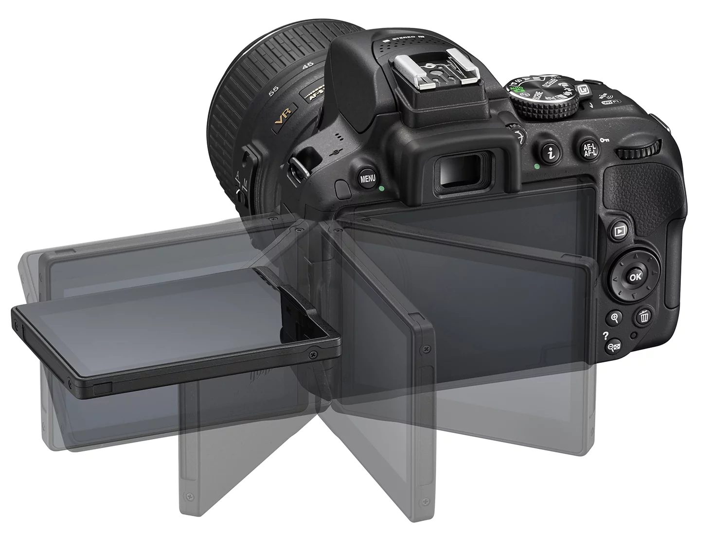 The flipping, tilting and turning LCD on the rear of the Nikon D5300 now measures 3.2 inches and has a 1037K dot resolution