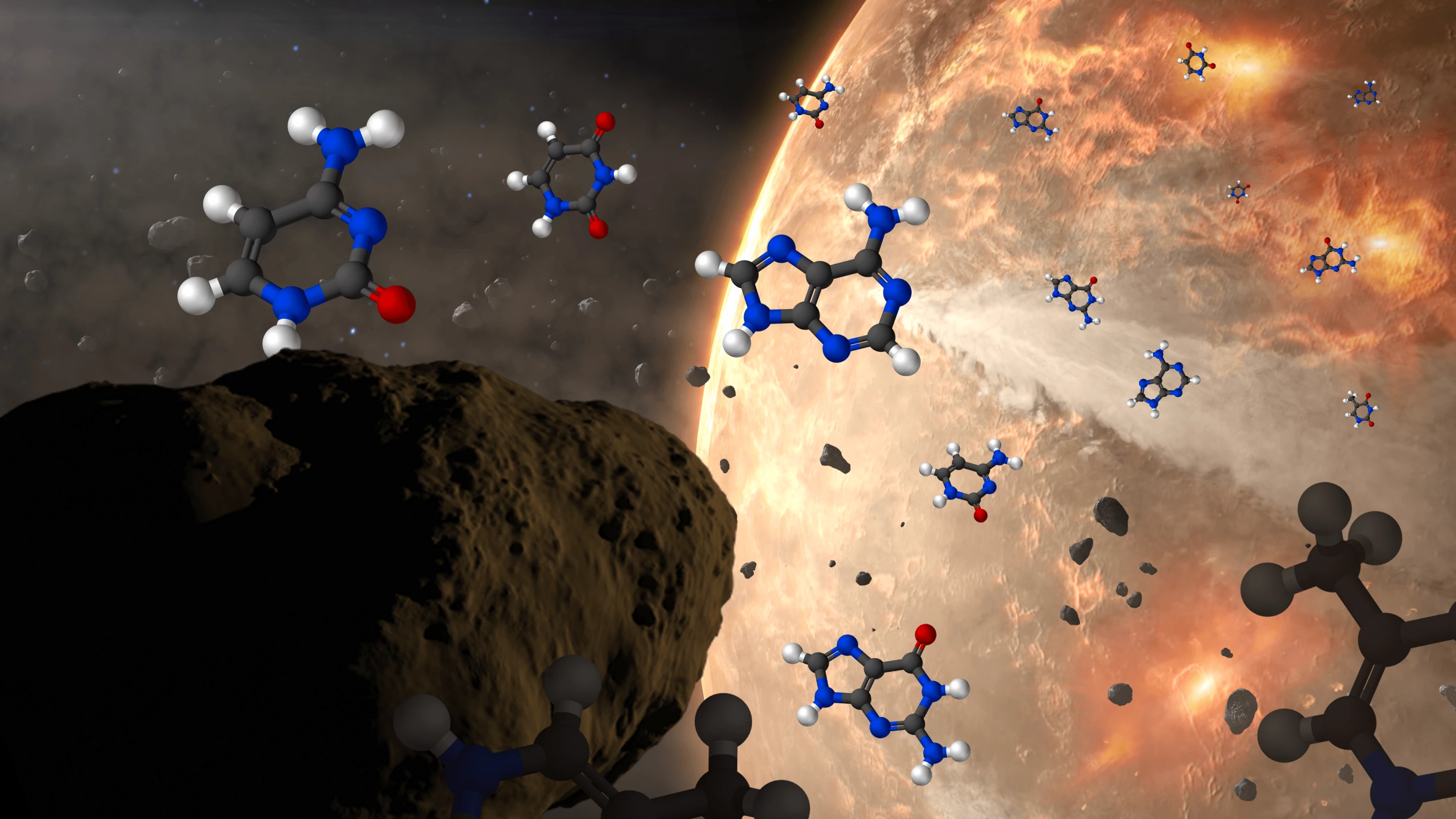 An artist's illustration of an asteroid delivering nucleobases (seen as molecular models) to early Earth