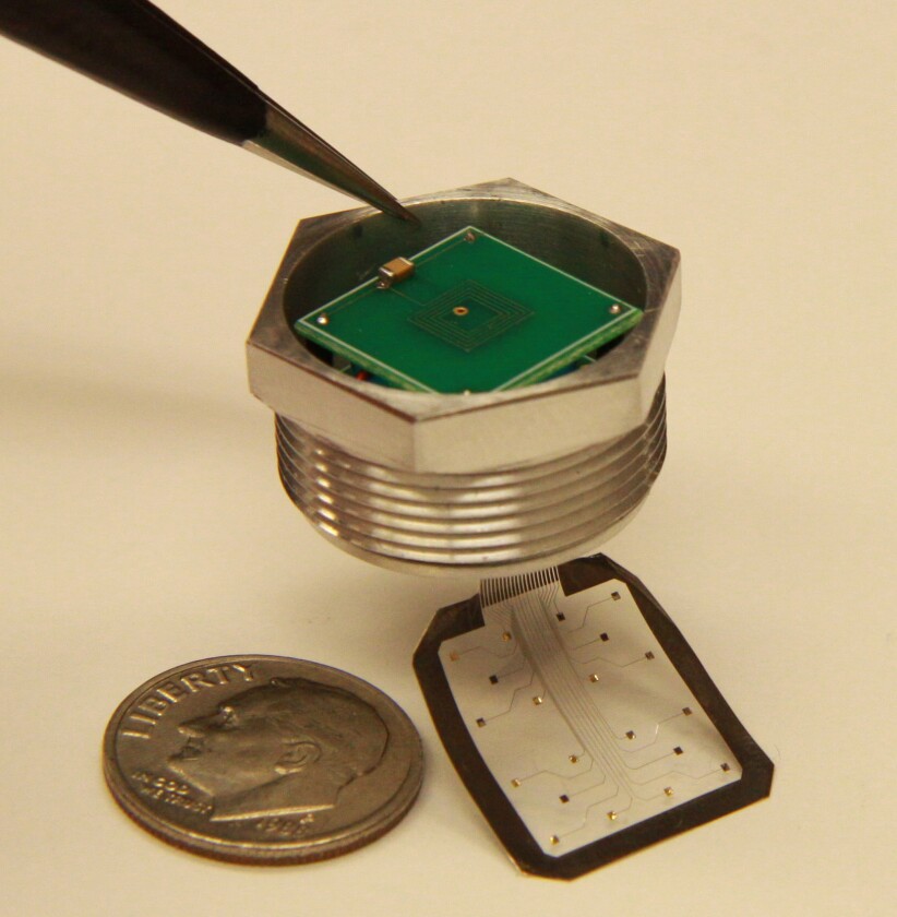 The BioBolt is a prototype implant that could be used to wirelessly transmit neural signals from the brain to formerly-paralyzed limbs (Photo: University of Michigan)