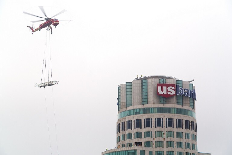 The Skyslide was airlifted onto the 69th floor observation deck via helicopter, before being hoisted into place and installed