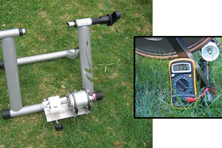 The Pedal-A-Watt and, inset, connected to a bike and voltmeter to show how much power is being generated