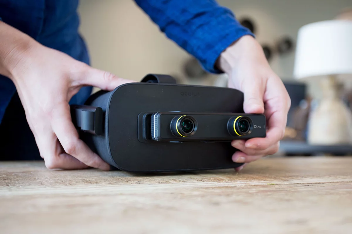 The ZED mini clips on to an HTC Vive or an Oculus Rift to add AR smarts