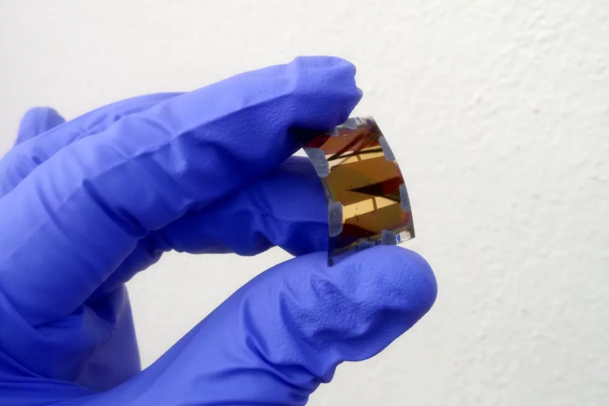A sample of the new flexible, perovskite solar cell for use with indoor lighting