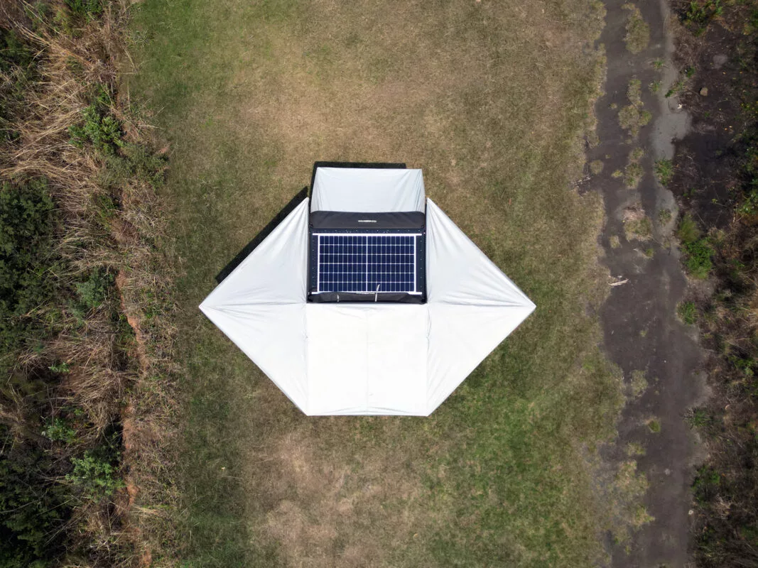 View from above of how the 360-degree awning wraps three sides and meets the annex tent