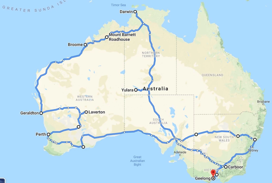Map of the 12,400-mile journey during which OzXcorp/Retreat tested the electrical system over the course of six months