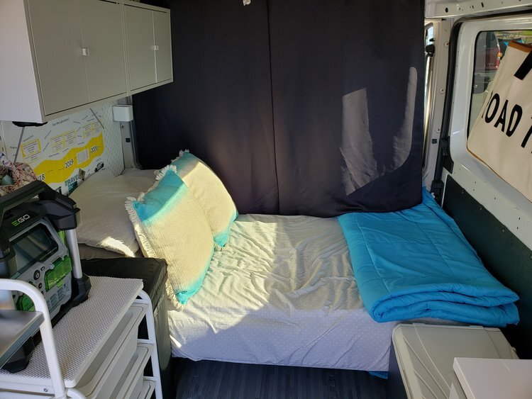 Flippie's sleeping quarters with overhead cabinets