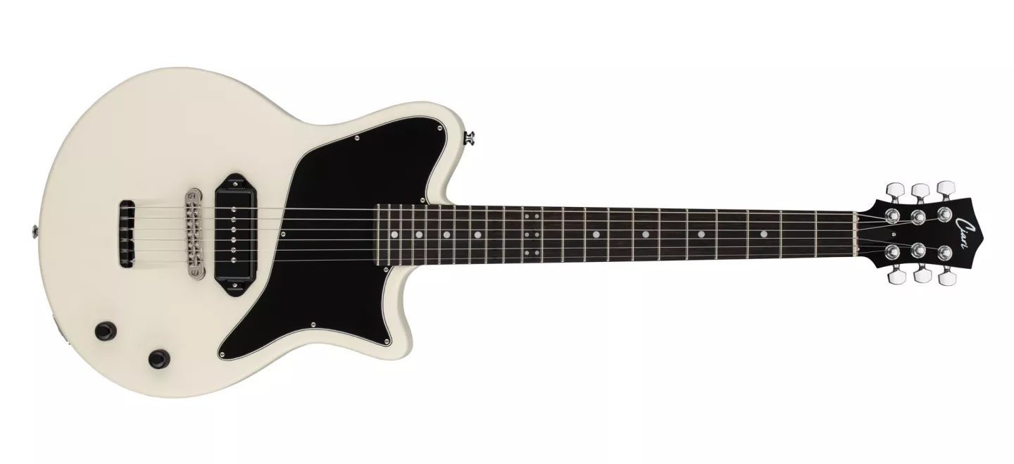 When unfolded for play, the Ascender P90 Solo guitar offers a full-sized 22-fret mahogany neck with ebony fingerboard