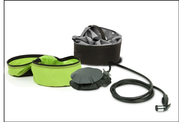 The Helio has a foot pump, carry case, water holder and 7-foot (2.1-m) shower hose