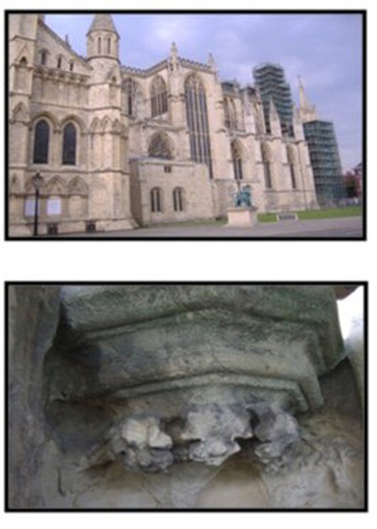 York Minster showing scaffolding on East Front and damage to the famous Great East Window