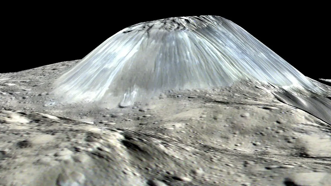 Simulated perspective view of Ahuna Mons compiled from data collected by NASA's Dawn spacecraft
