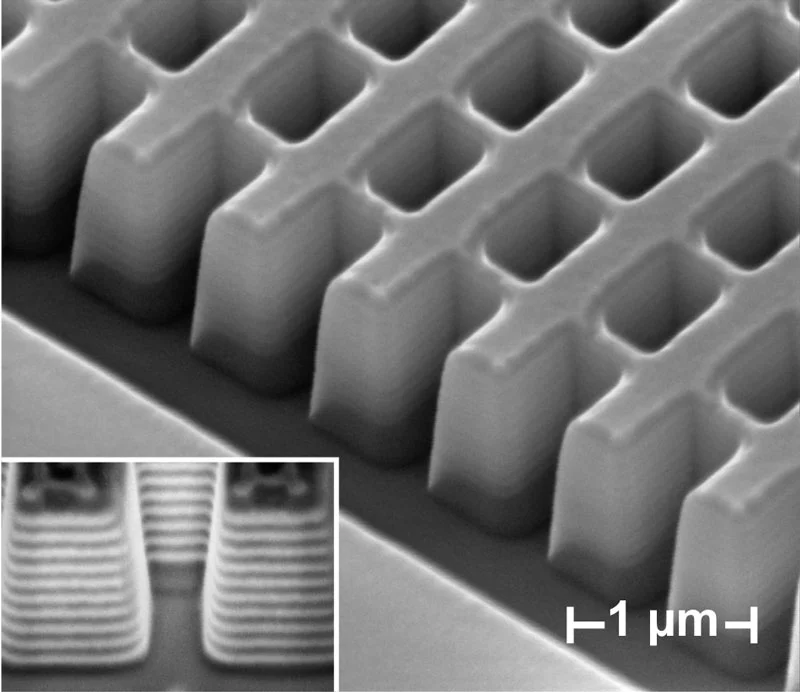 A scanning electron microscope image of the fabricated structure, developed by UC Berkeley researchers. The alternating layers form small circuits that can bend light backwards. (Image: Jason Valentine/UC Berkeley)