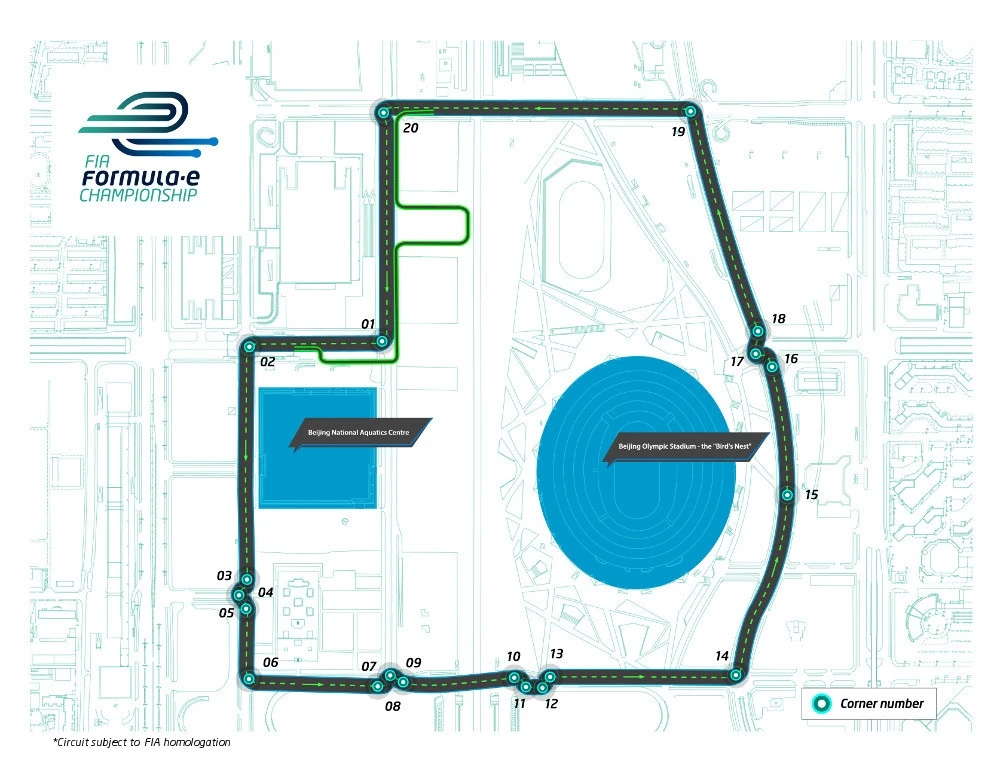 The Beijing circuit comprises 3.44 km (2.14 miles) of track with 20 turns, and racers will work their way around the former Olympic Stadium in a counter-clockwise fashion (Image: FIA Formula E)