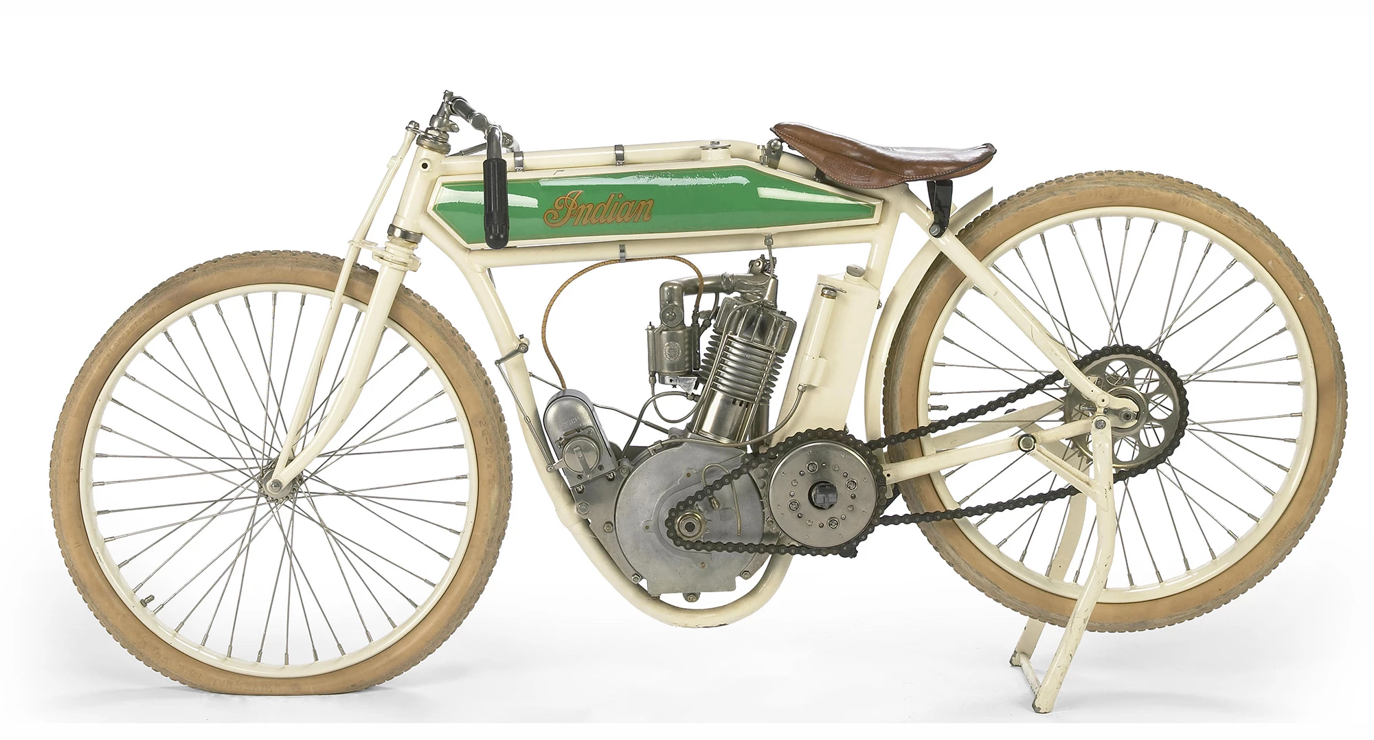 This 1914 Indian Model F board track racer was restored by Stephen Wright and sold for $34,500