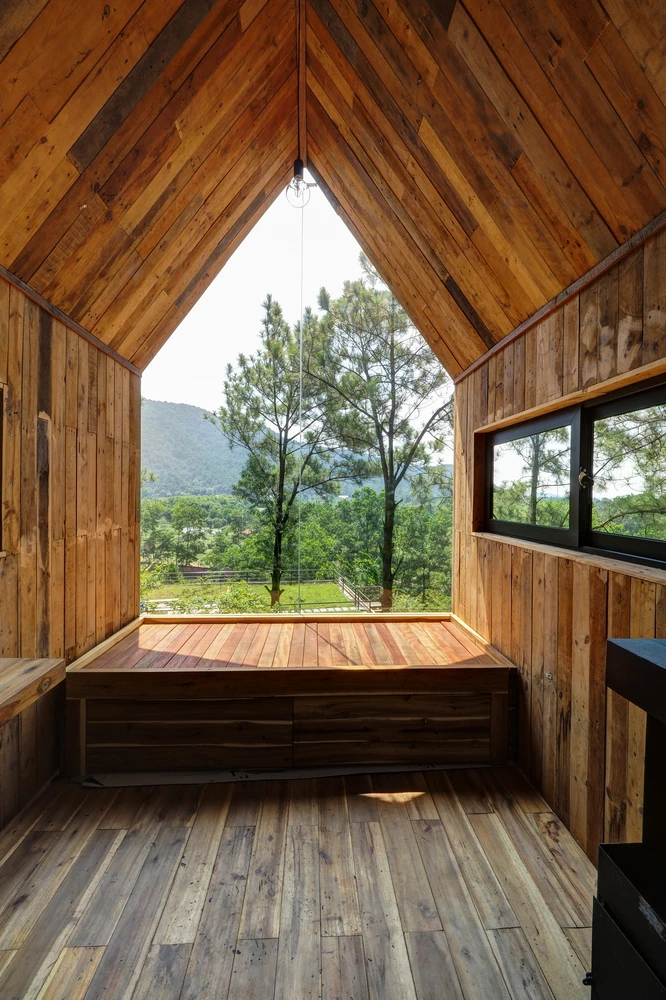 The micro dwelling is suitable for two occupants and comes complete with built-in furniture