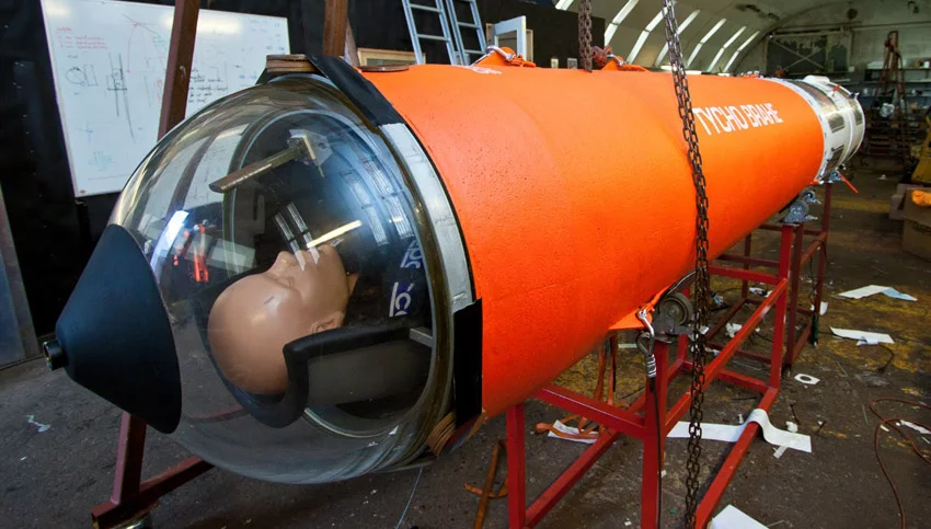 Leading end of the Tycho Brahe suborbital vehicle showing the observation dome and a full-sized manikin representing the passenger (Photo: Copenhagen Suborbitals)