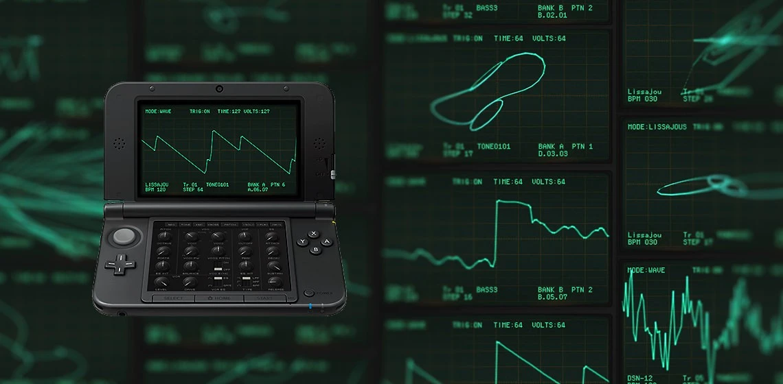 The software features a 3D oscilloscope on the top screen