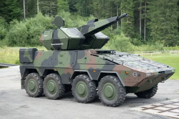 The Skyranger 30 HEL turret mounted on an 8 x 8 armored vehicle
