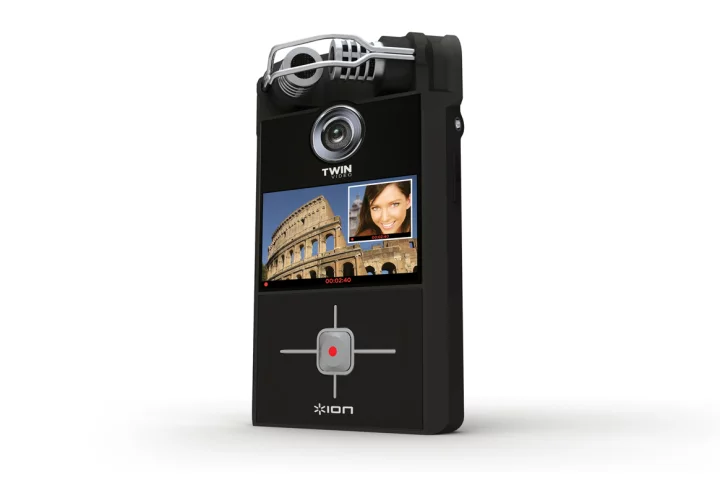 The Ion Twin Video camcorder features front and back cameras plus stereo microphones