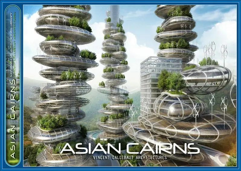 A French architectural group recently revealed its concept for "Asian Cairns," a series of six sustainable buildings that resemble a stack of pebbles and produce their own food
