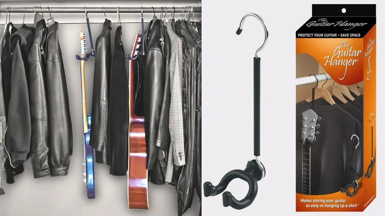 The Guitar Hanger hooks over any closet or rack rod to provide temporary, safe storage for almost any guitar