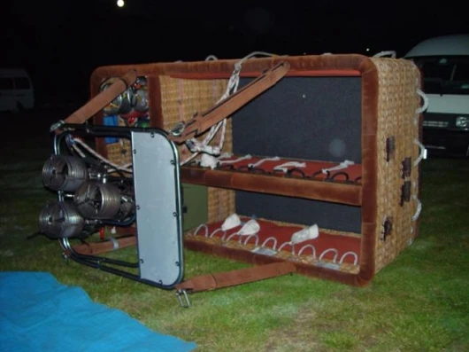 The basket we stand in, on its side awaiting attachment to the balloon