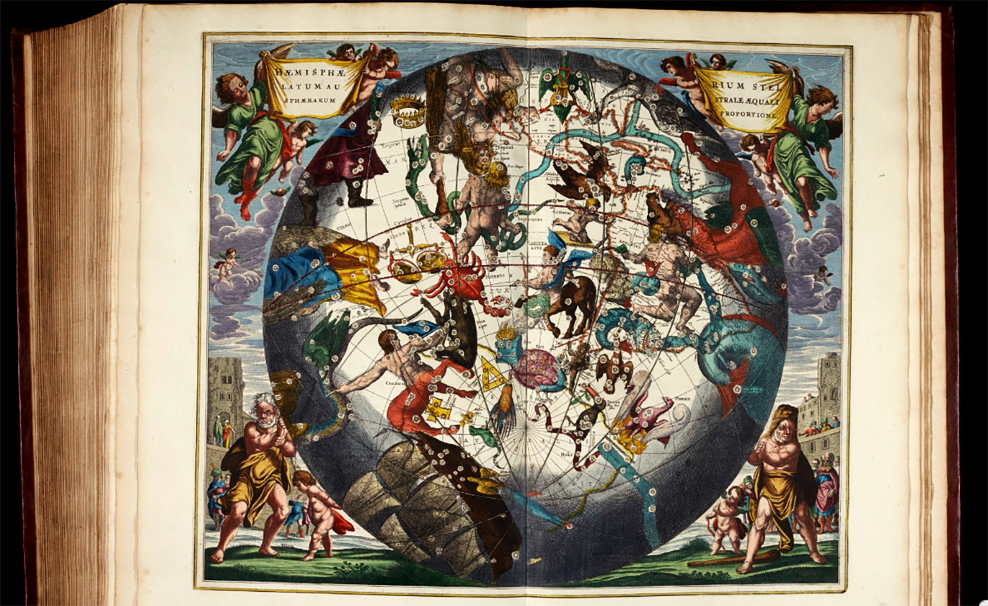 Harmonia Macrocosmica seu Atlas Universalis et Novus by Andreas Cellarius is a celestial atlas published in the Netherlands in 1661 and touted in the auction description "another outstanding example of atlas production from the Golden Age of Dutch cartography." Unlike the later celestial atlases, the Cellarius charts demonstrated various ancient and contemporary cosmological ideas, rather than just the names and positions of the stars. The purpose of the book was to assess different attempts to discover the underlying harmony of the universe. The charts represent the highest levels of seventeenth-century astronomical thought, with the diagrams showing aspects of the three great theories on the nature of the universe: the Ptolemaic, the Copernican and the Brahean.” A copy of Harmonia Macrocosmica seu Atlas Universalis et Novus sold for $245,050 (GBP £187,500) at| Sothebys on November 2, 2017