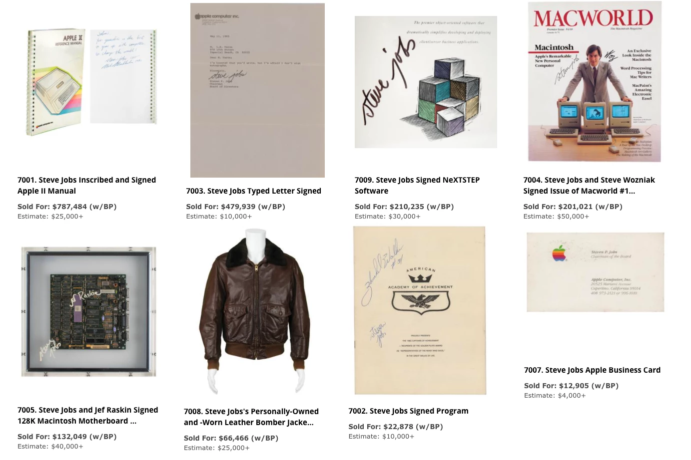 Auction lots from RR Auction's "Apple and Steve Jobs" auction that ended on 19 August 2021 show all Jobs-related lots selling well in excess of the upper estimate