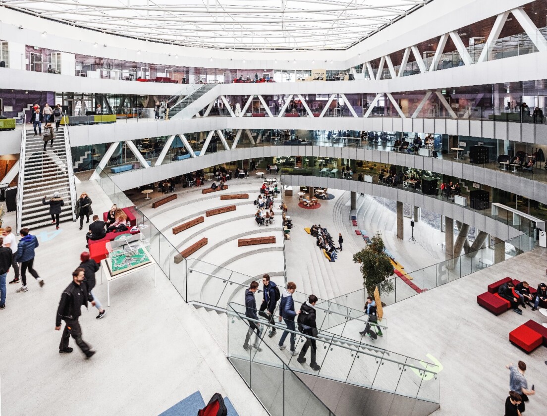 Glasir's courtyard area includes terraced steps that provide flexible spaces for the students to hang out