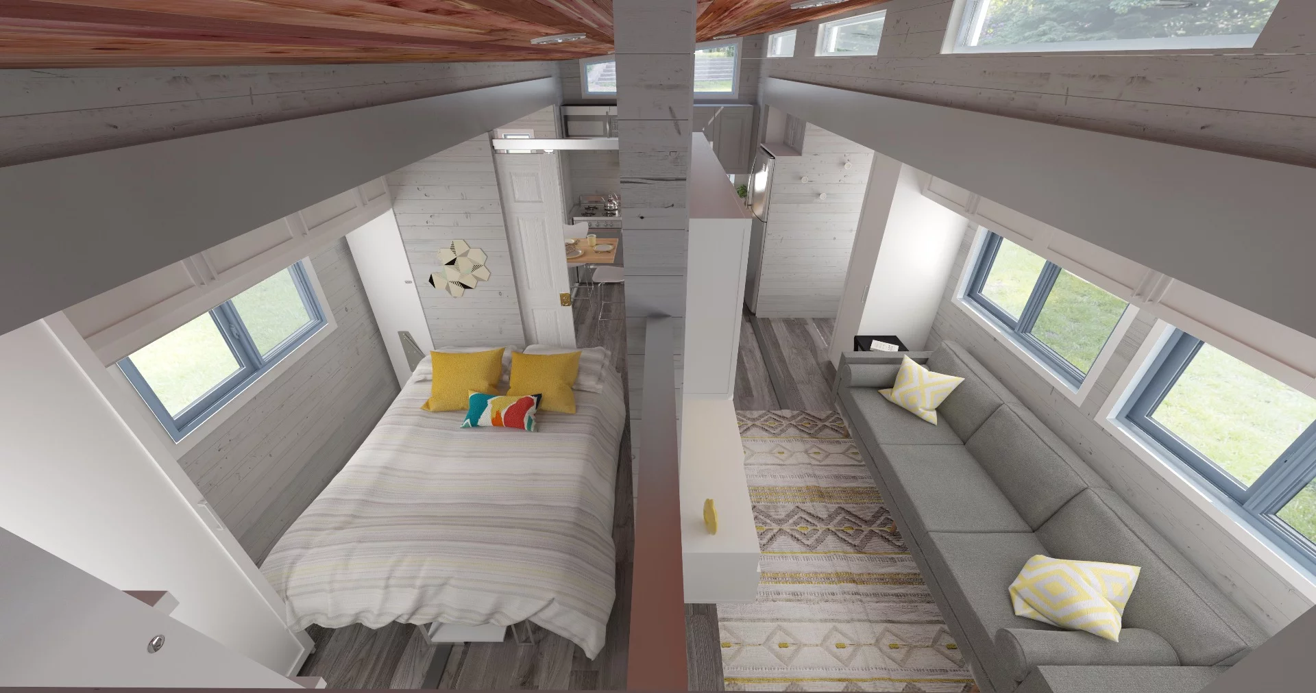 Render of the Aurora tiny house from the viewpoint of the storage loft