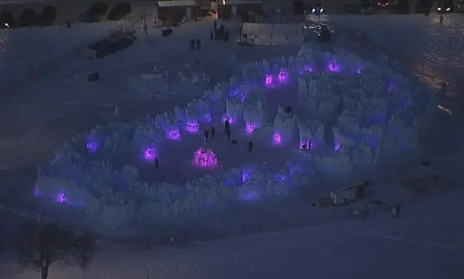 An aerial view of the Edmonton Ice Castle, while still under construction