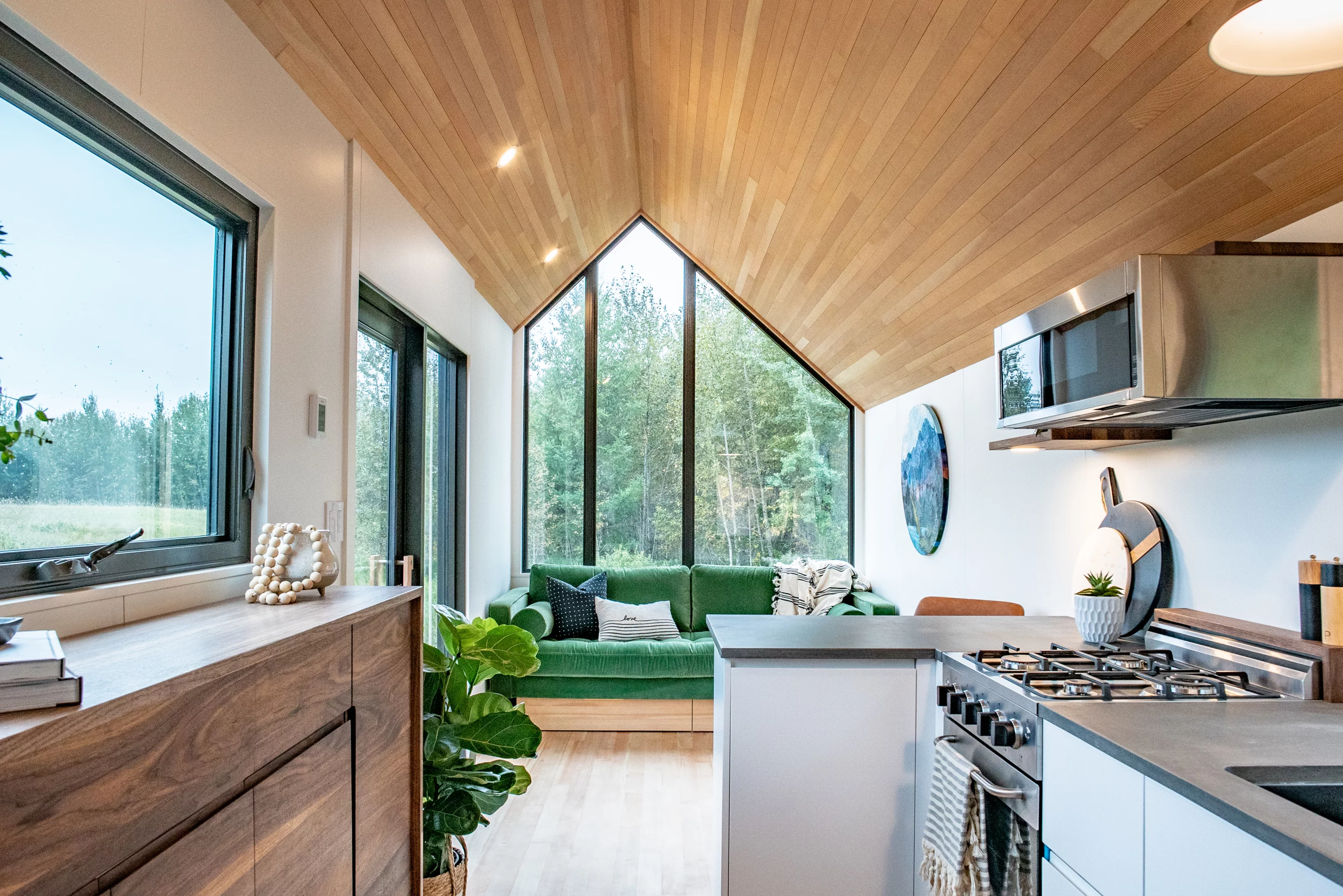 Visitors enter the Trahan Tiny House into a generously proportioned and light-filled living room