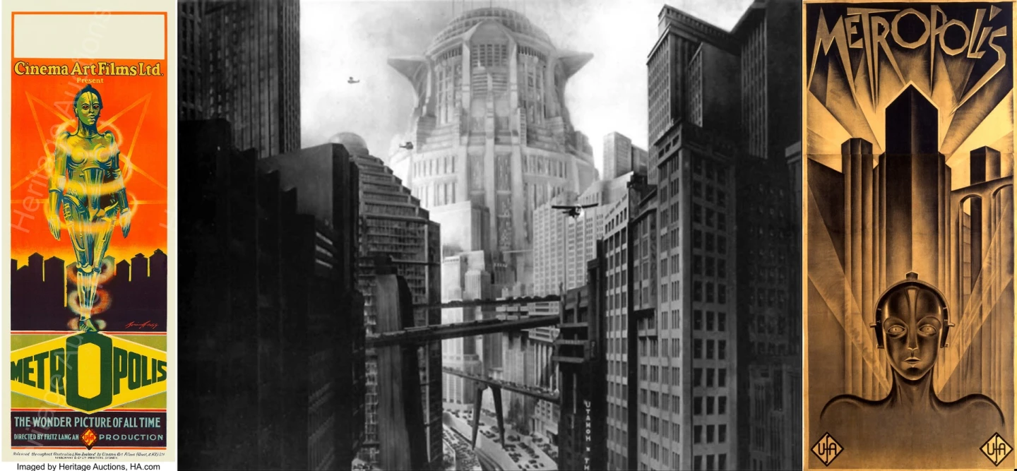 The movie poster at left is from the pioneer film of the science fiction genre, the epic 1927 silent movie Metropolis, the story of a dystopian future set in the year 2000. The scene in the center is from the film and if you go to the high res version in the image gallery, you'll see how the future (the year 2000) looked to the visionaries of 1927. The movie poster for the original German release of Metropolis (at right) is the most valuable movie poster in history, with just four extant. It sold for $690,000 at a Reel Galleries auction in November, 2005. German artist Heinz Schulz-Neudamm created the poster, the novel and screenplay were written by Thea Von Harbou, and the film was directed by Thea's husband, Fritz Lang. You can watch the trailer for the remastered original movie here. The poster at left sold on July 30, 2017 for $215,100 at Heritage Auctions