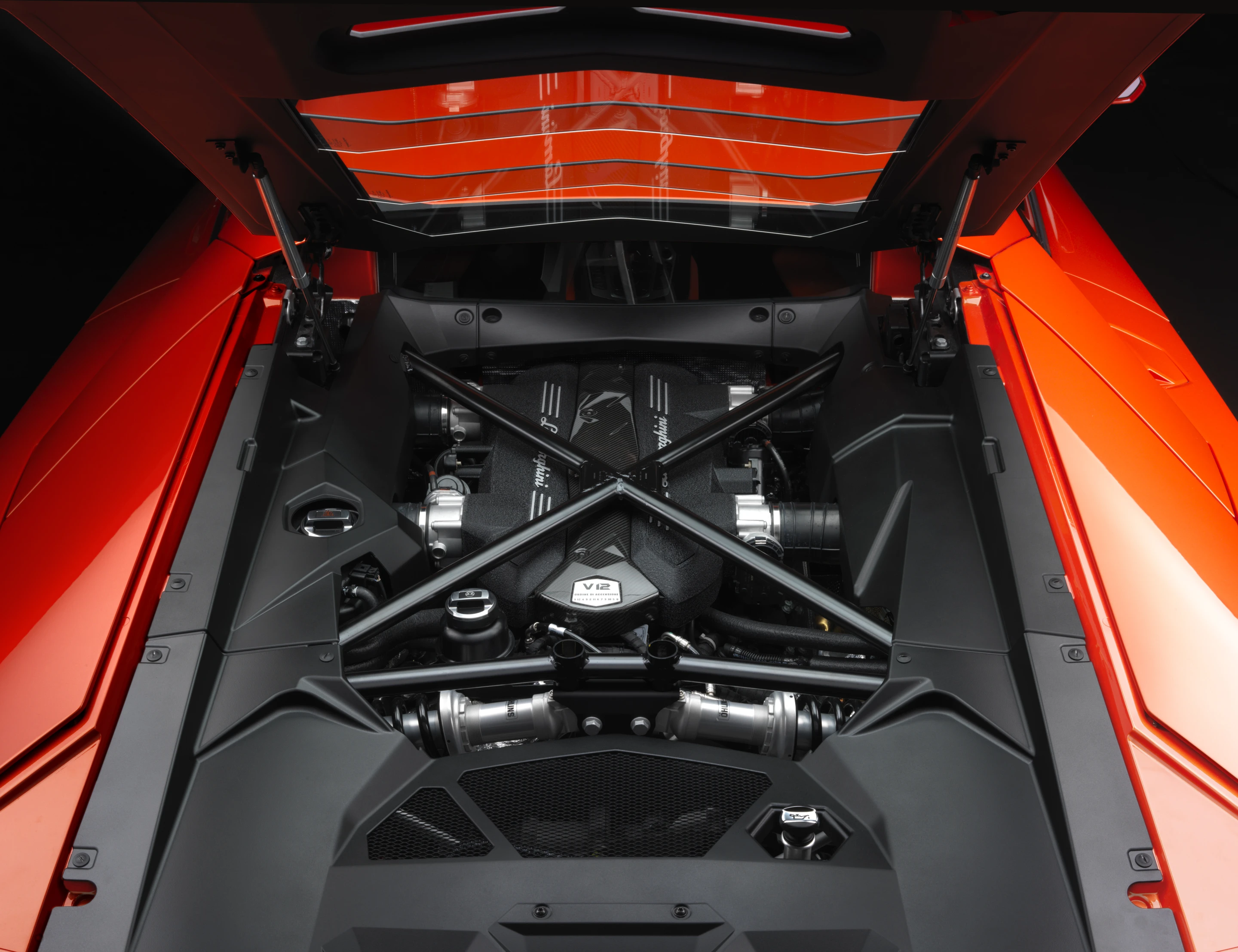 Aventador engine bay showing the 700 hp V12 with inboard pushrod suspension towards the back (Photo: Lamborghini)