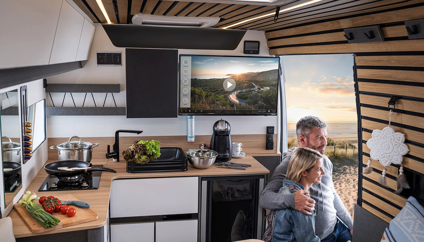 The L-shaped kitchen offers extra space for food prep and cookware use