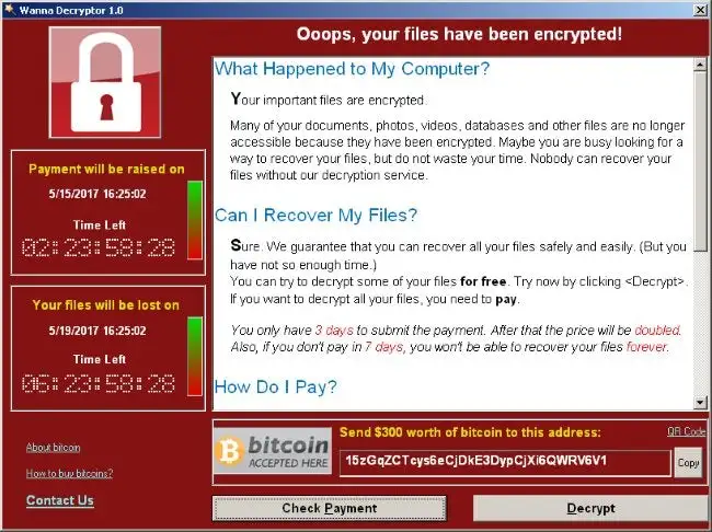 A screenshot of a computer infected with the WannaCry ransomware