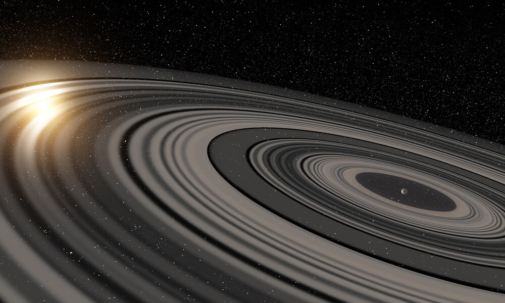 Artists impression of the enormous ring system present around the exoplanet orbiting the young star J1407b