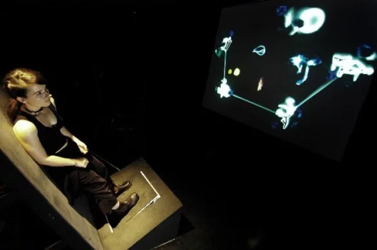 The BODYSHELF unveiled - the female user looks contorted because she is, as she attempts to communicate via physical gesture via the avatar