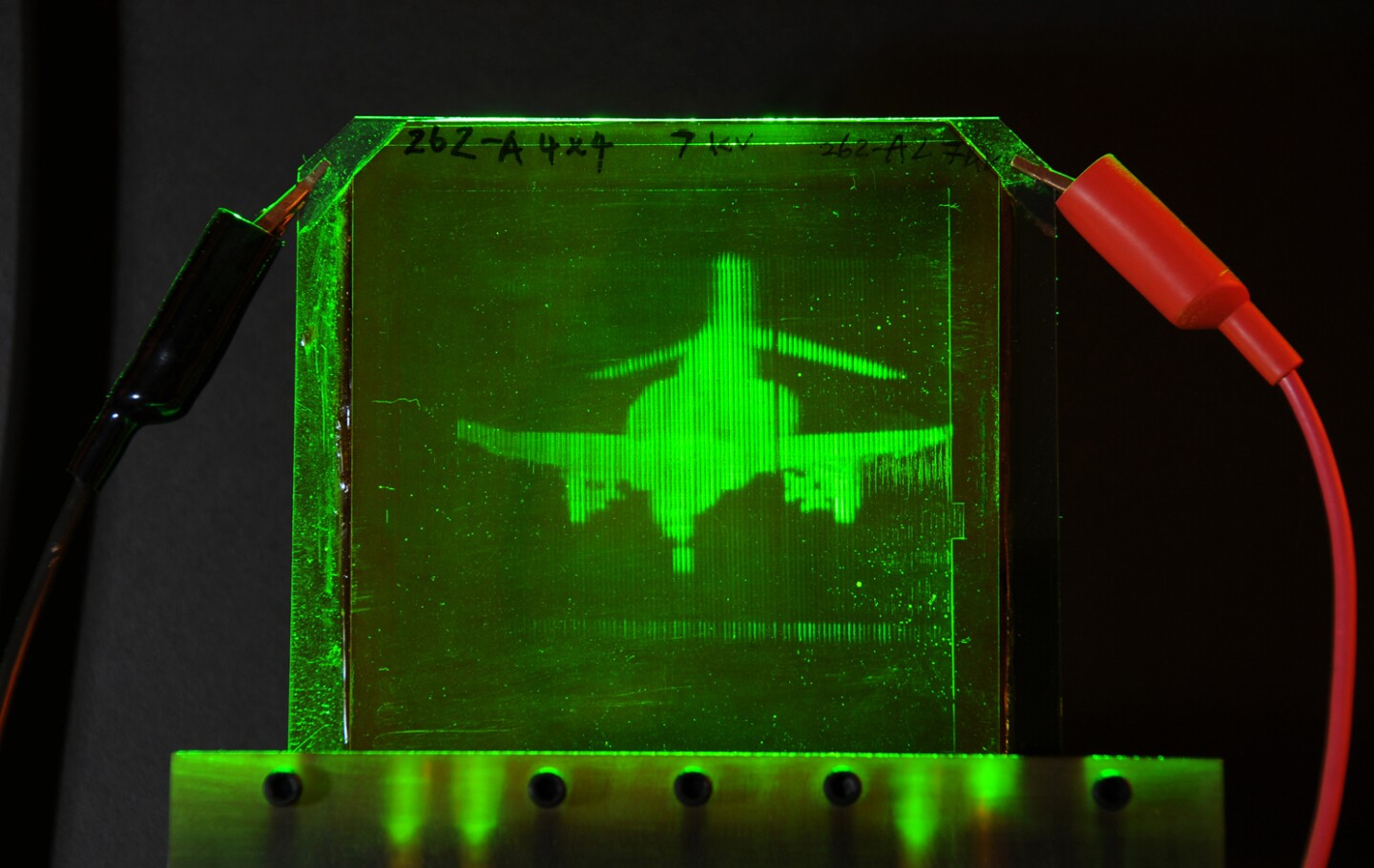 A refreshable, holographic image of an F-4 Phantom jet, created using the new system (Photo: University of Arizona)